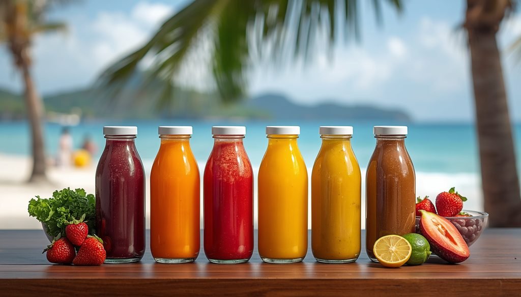Colorful array of fresh cold pressed juices in glass bottles on wooden table tropical Phuket beach background fresh fruits and vegetables vibrant healthy detox drinks natural sunlight 2